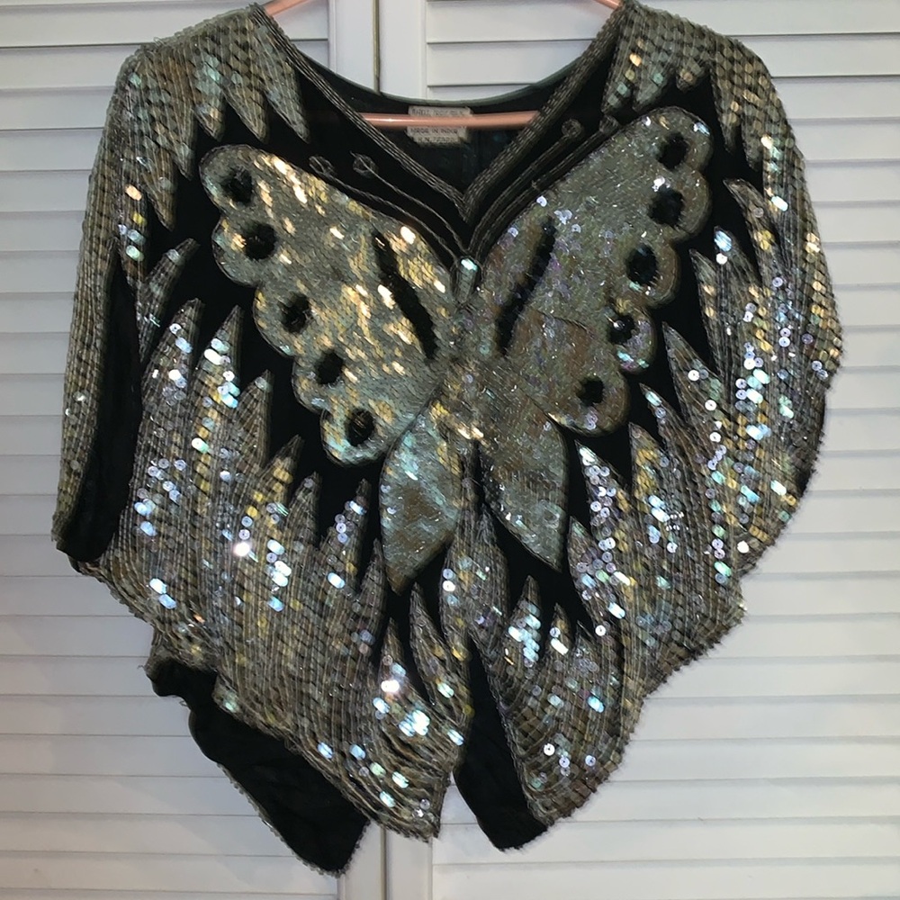 Vintage Silk Butterfly Sequin, beaded blouse - Picture 3 of 11